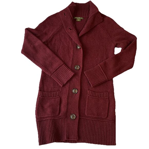 Eddie Bauer Lounge Cardigan Chunky Knit burgundy Open Mock Neck Sweater Size S - Picture 3 of 9